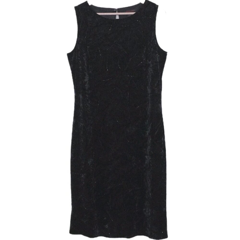 Vtg Simon Chang Sheath Dress Womens 12 Black Crushed Velvet Beaded Stretch Goth